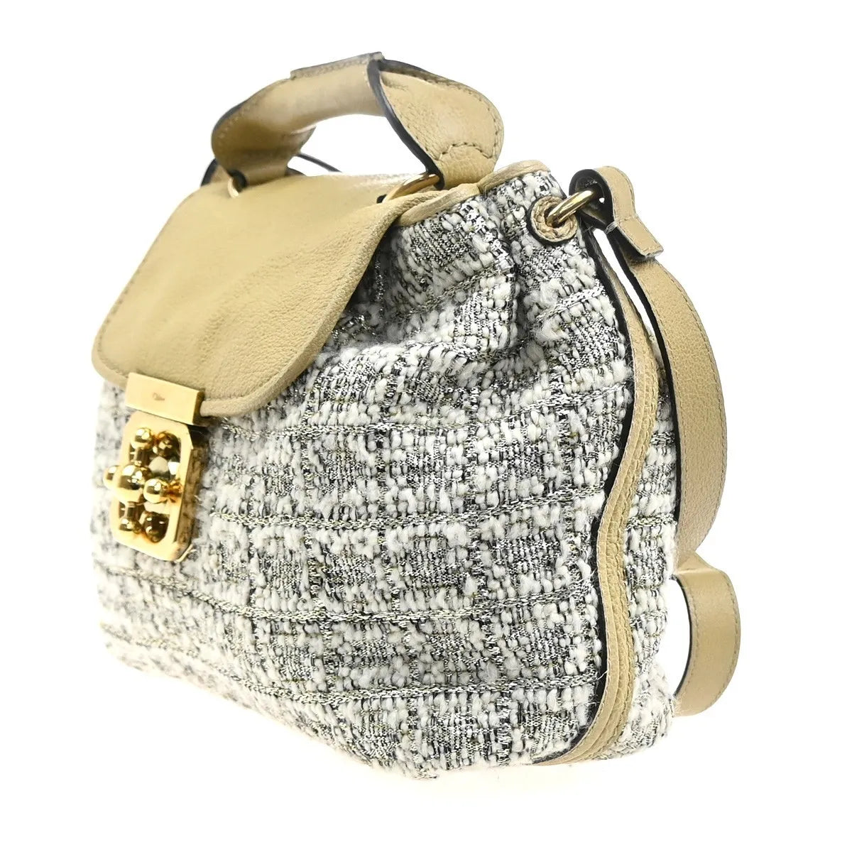 Chloe Elsie Tweed Leather, Beige, Tweed, Shoulder Bag