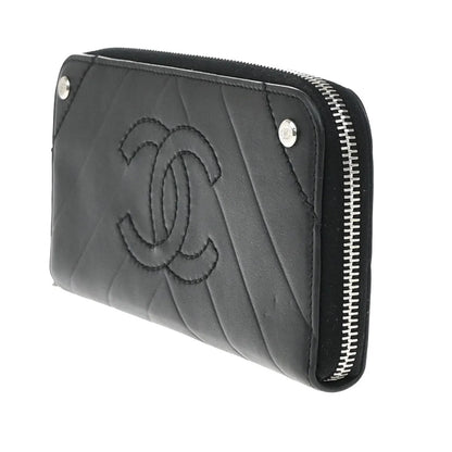 Chanel CC Charm Zip Around Quilted Lambskin, Black, Leather, Wallet