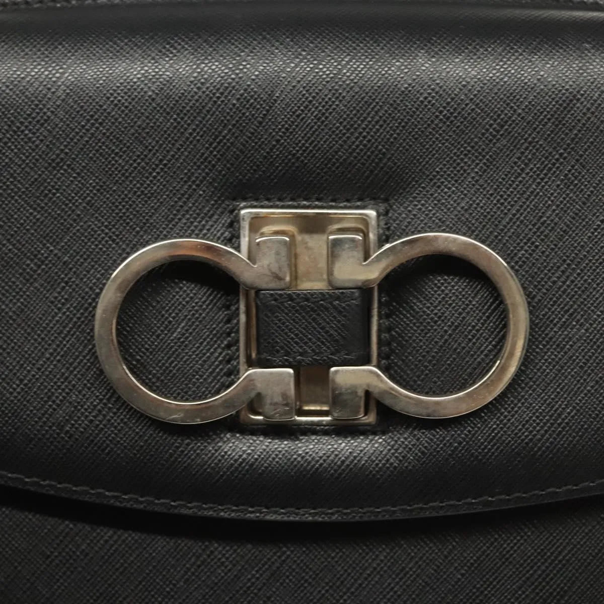 Salvatore Ferragamo Double Gancini Top Handle Saffiano Leather, Black, Leather, Handbag
