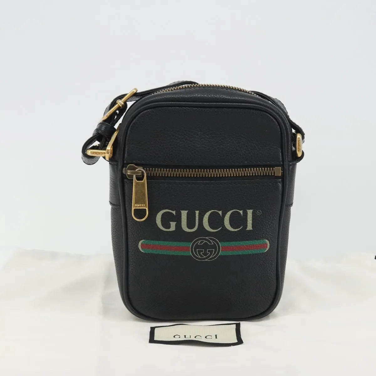 Gucci Logo Zip Messenger Printed Leather, Black, Leather, Clutch