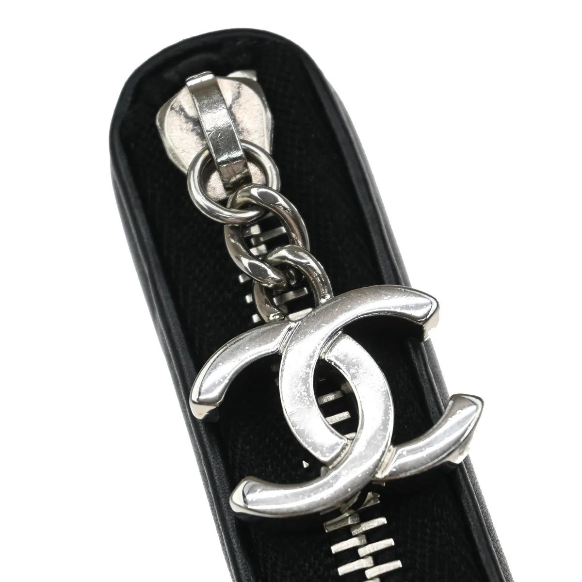 Chanel CC Charm Zip Around Quilted Lambskin, Black, Leather, Wallet