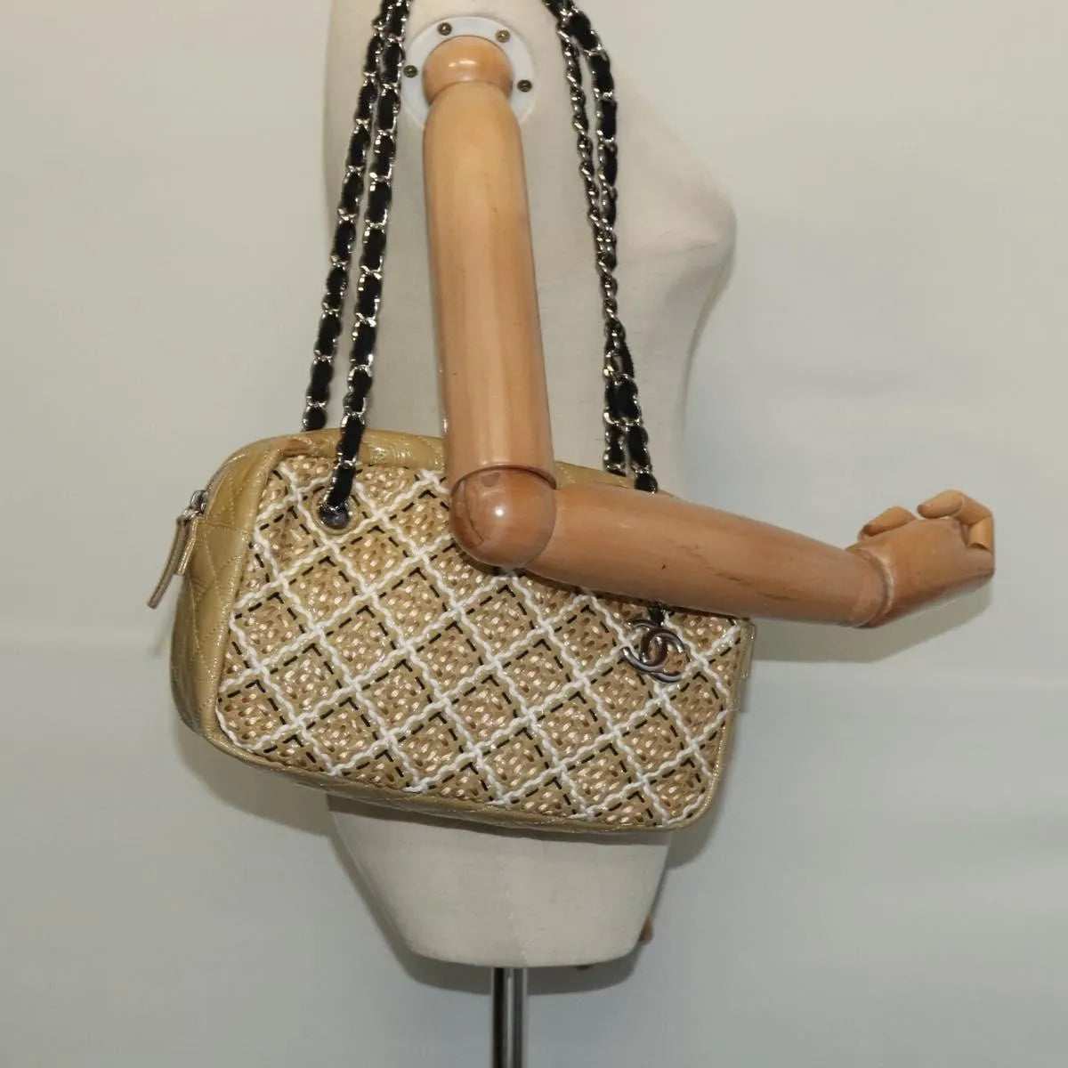 Chanel Camera Case Woven Stitch Patent, Beige, Glass, Shoulder Bag