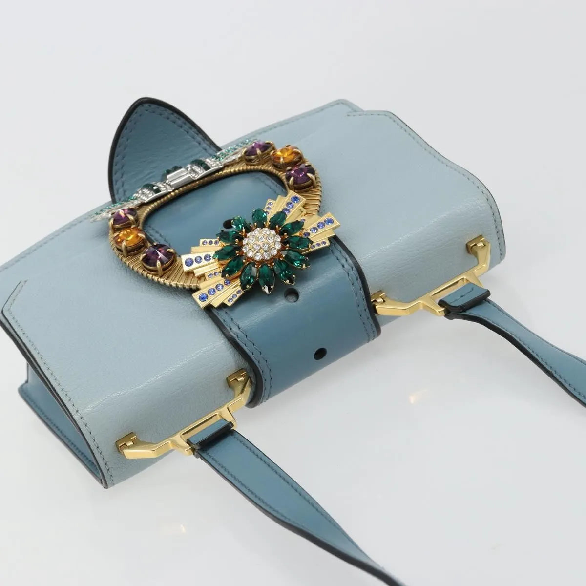 Miu Miu Madras Crystal Buckle Leather, Blue, Leather, Shoulder Bag