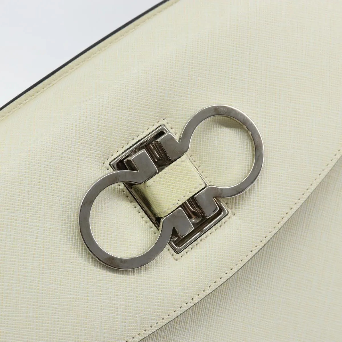 Salvatore Ferragamo Double Gancini Top Handle Saffiano Leather, White, Leather, Handbag