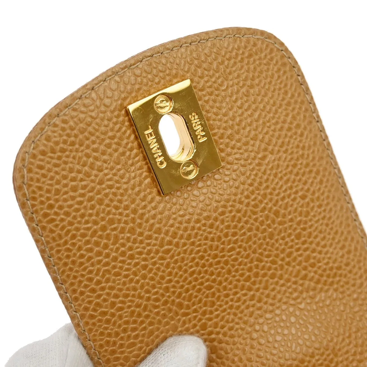 Chanel Vintage CC Phone Holder Caviar, Beige, Leather, Clutch