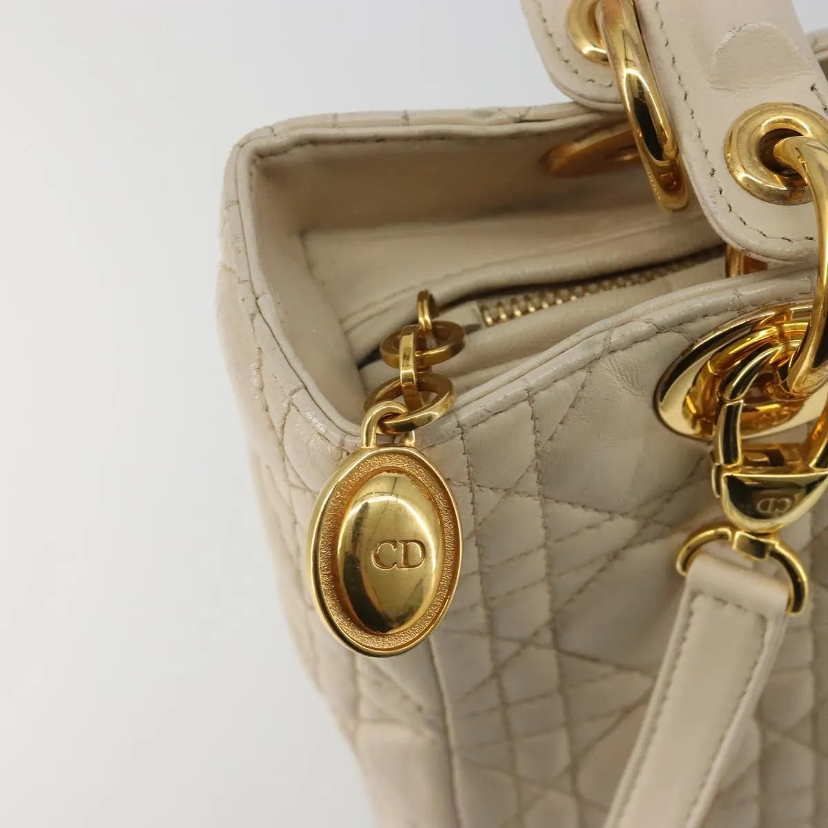 Christian Dior Lady Dior Cannage Quilt Lambskin, Beige, Leather, Handbag