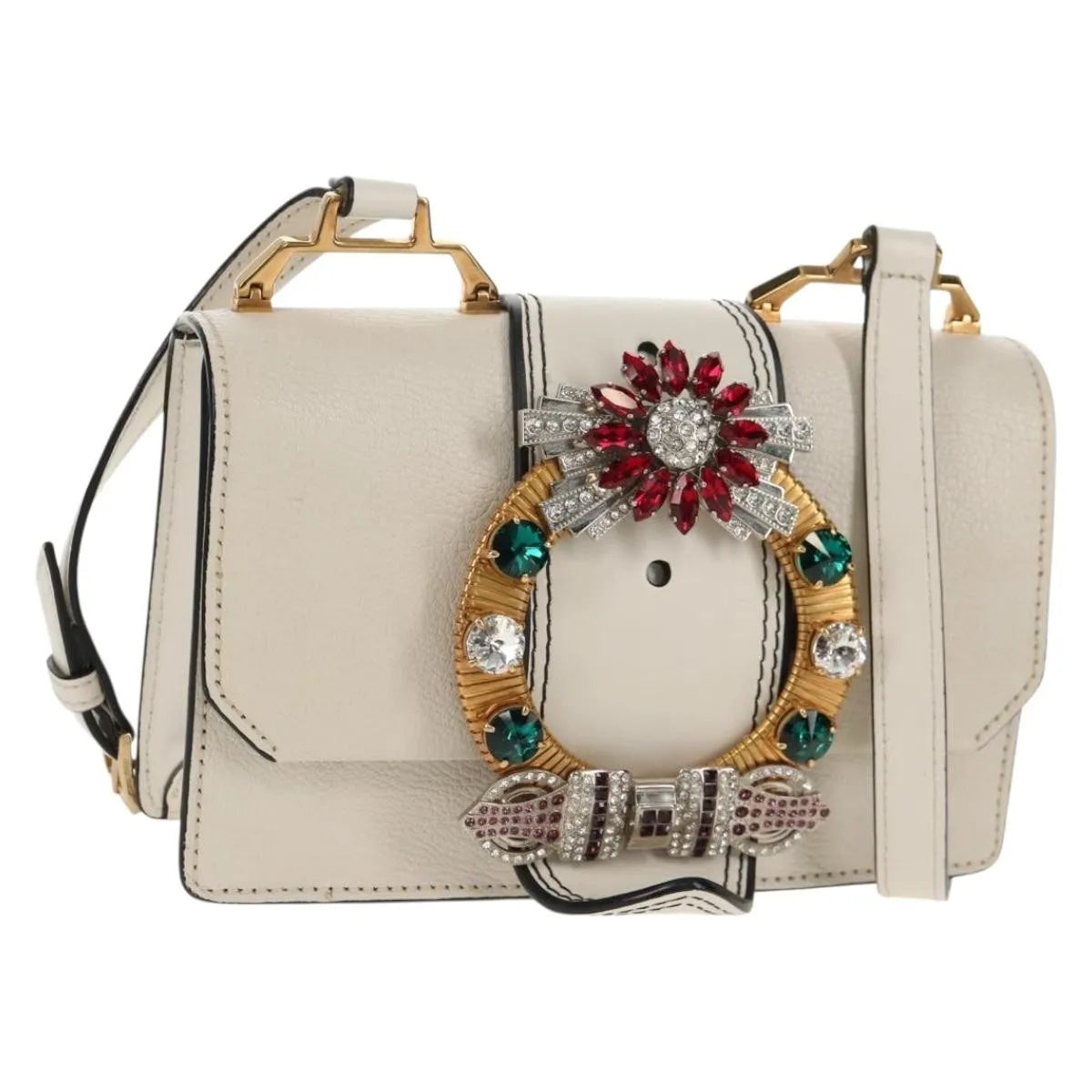 Miu Miu Madras Crystal Buckle Leather, White, Leather, Shoulder Bag