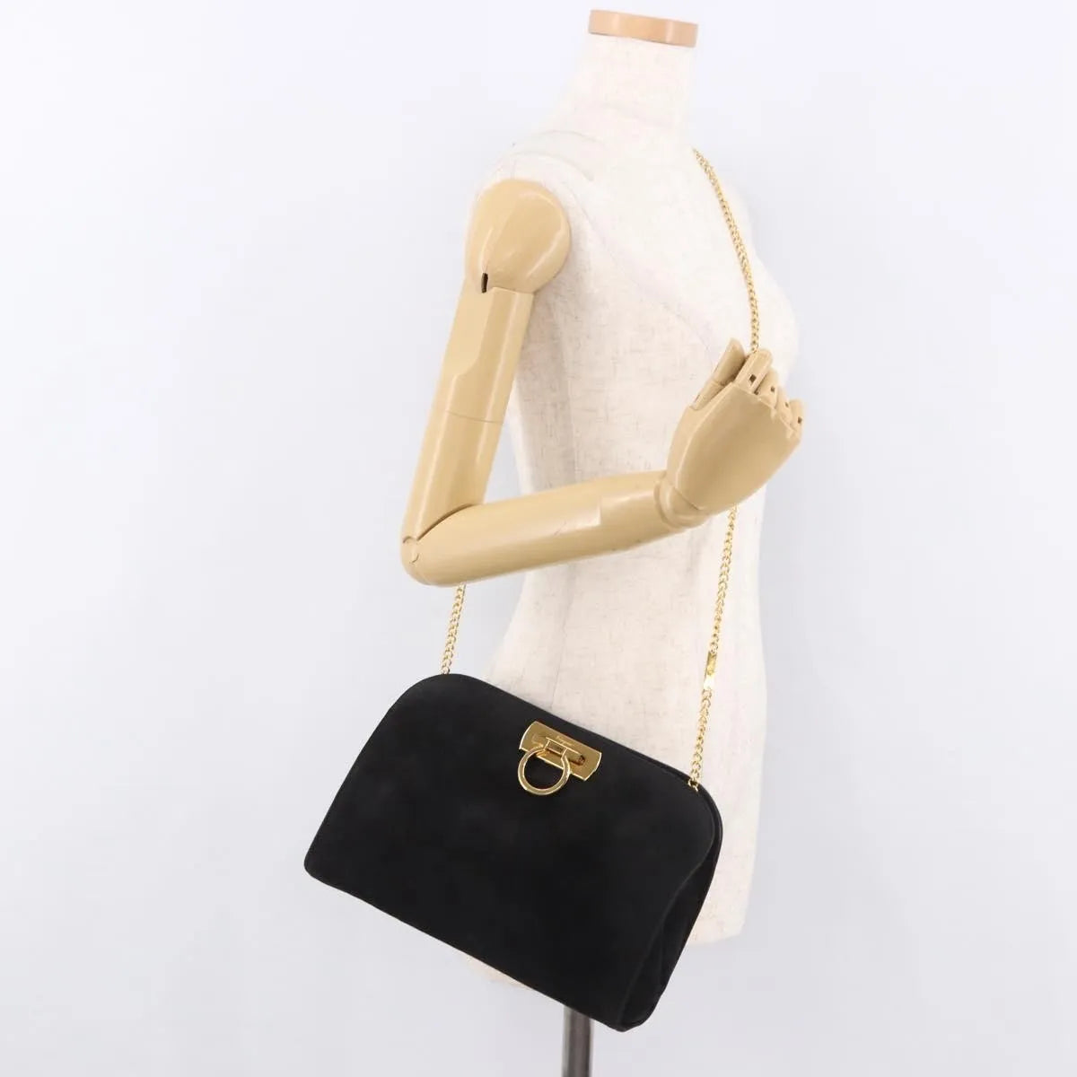 Salvatore Ferragamo Gancini Chain Suede, Black, Suede, Shoulder Bag