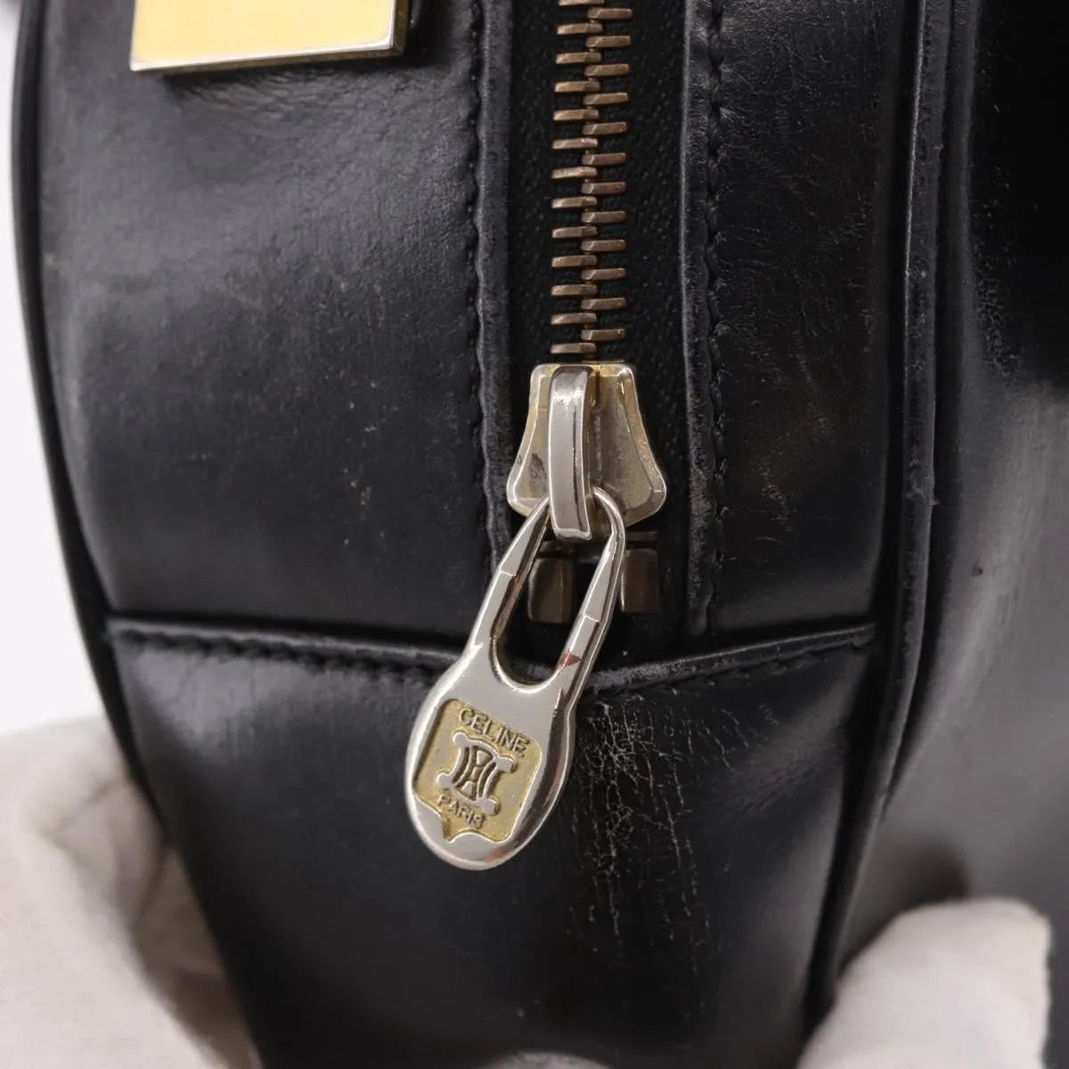 Celine Vintage Circle Logo Leather, Black, Leather, Shoulder Bag