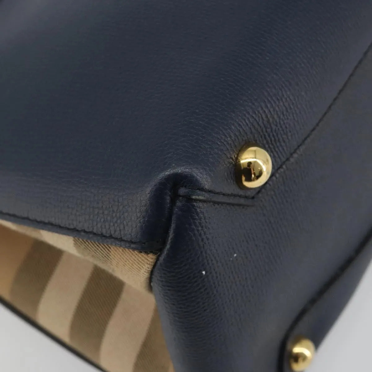 Burberry Banner Tote Leather and House Check Canvas, Navy, Leather, Handbag
