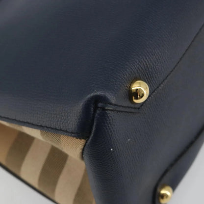 Burberry Banner Tote Leather and House Check Canvas, Navy, Leather, Handbag
