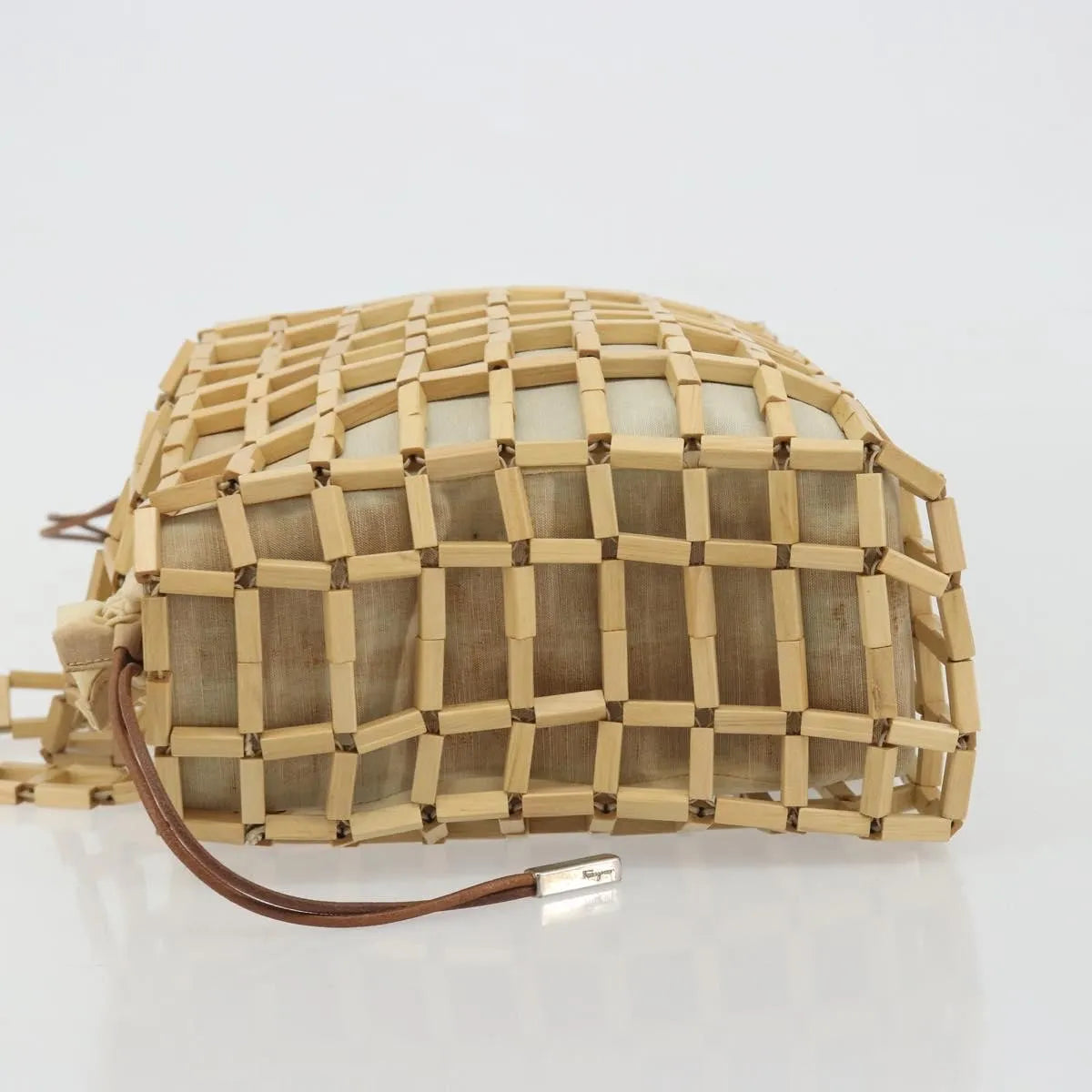Salvatore Ferragamo Wood Mesh Drawstring canvas, Beige, Canvas, Handbag