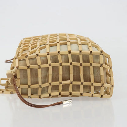Salvatore Ferragamo Wood Mesh Drawstring canvas, Beige, Canvas, Handbag