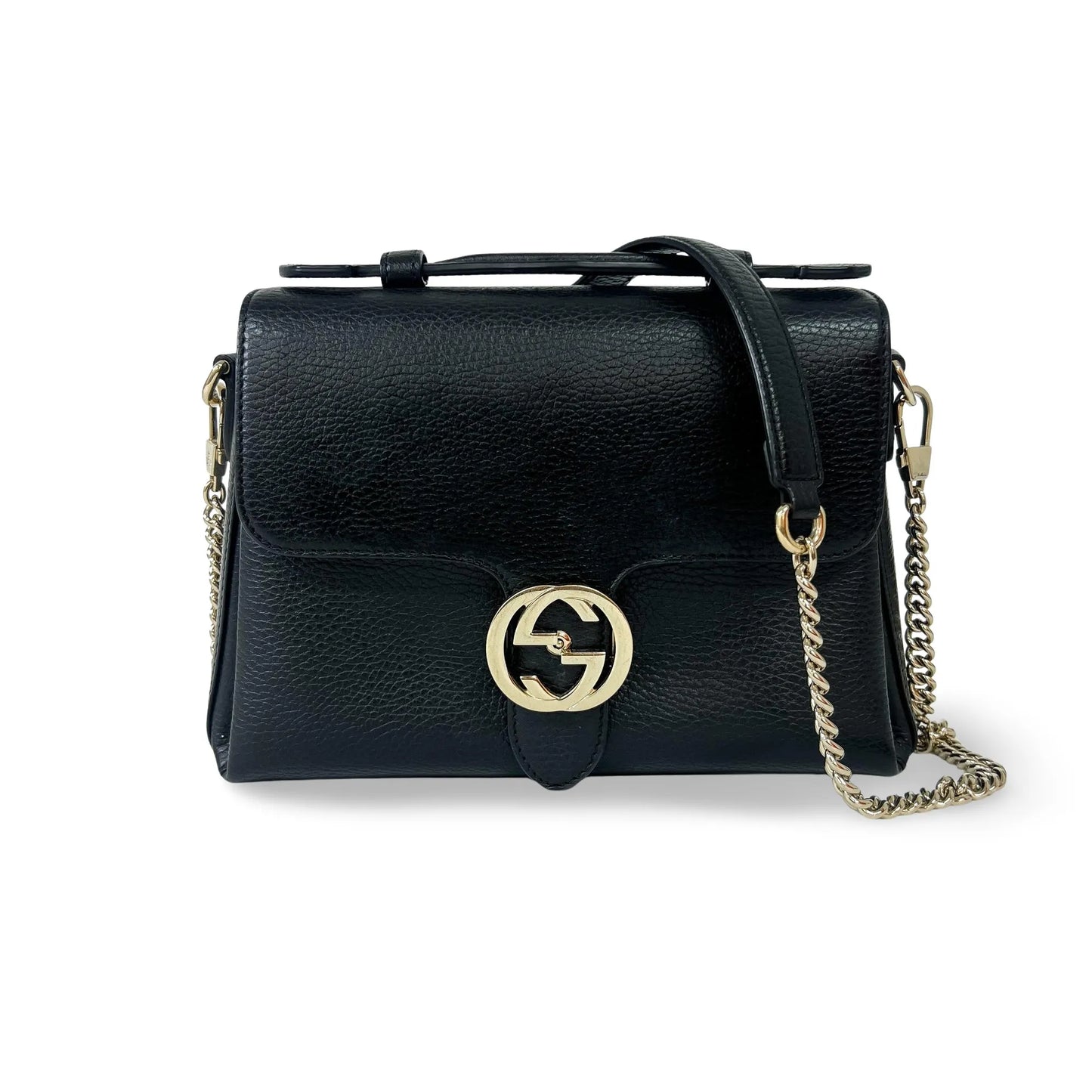 Gucci Interlocking Top Handle Leather, Black, Leather, Shoulder Bag