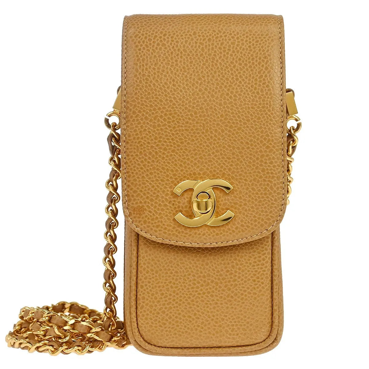 Chanel Vintage CC Phone Holder Caviar, Beige, Leather, Clutch
