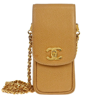 Chanel Vintage CC Phone Holder Caviar, Beige, Leather, Clutch