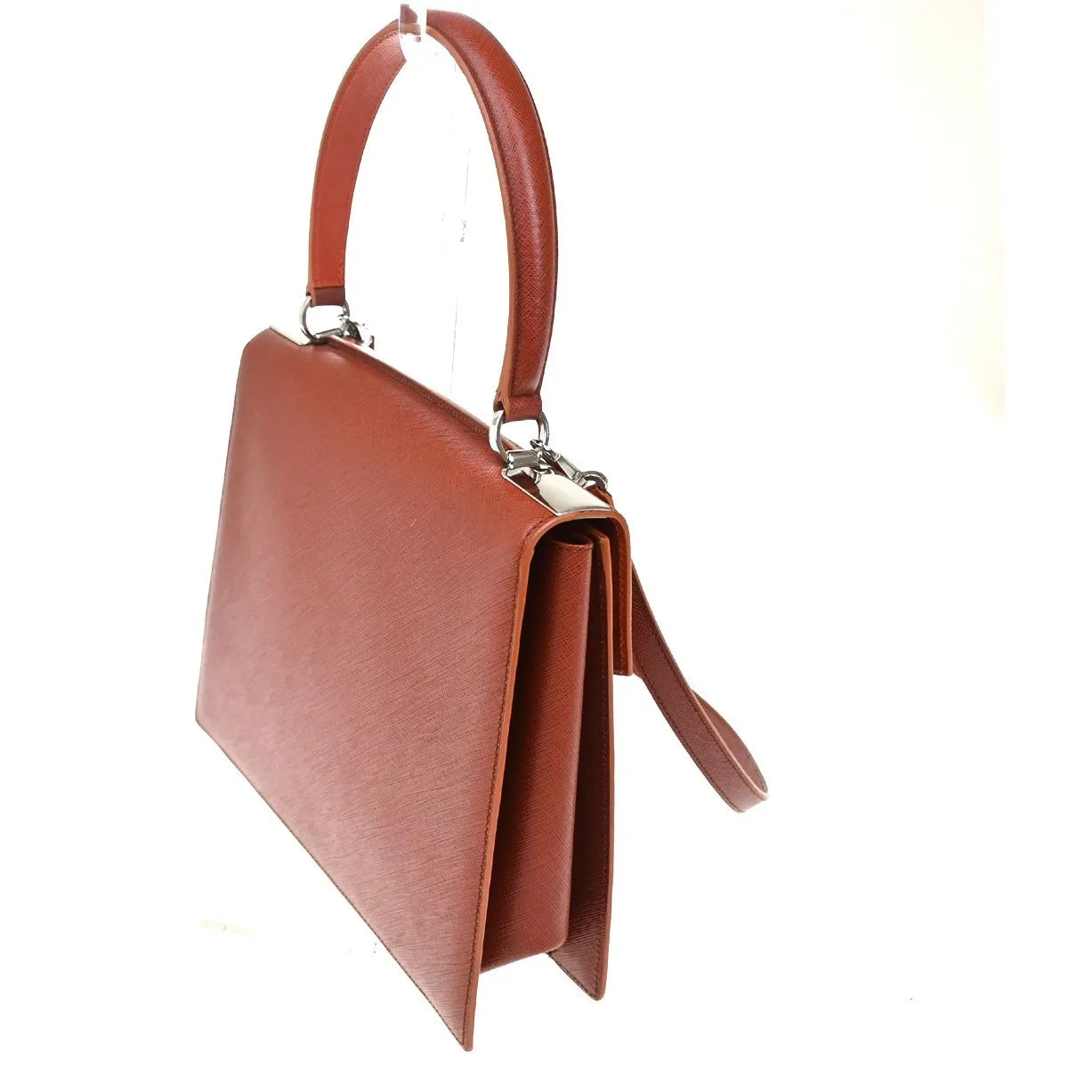Salvatore Ferragamo Double Gancini Top Handle Saffiano Leather, Brown, Leather, Handbag