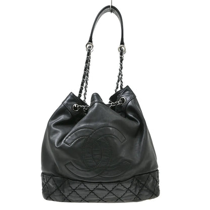 Chanel Vintage CC Drawstring Bucket Lambskin, Black, Leather, Shoulder Bag