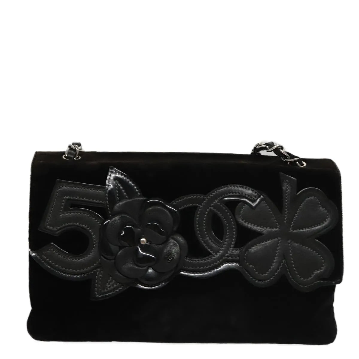 Chanel Camellia No.5 Chain Flap Velvet, Black, Velvet, Shoulder Bag