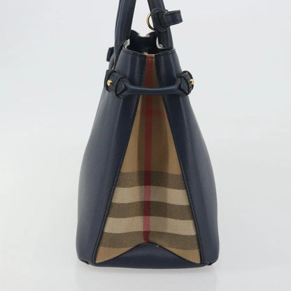 Burberry Banner Tote Leather and House Check Canvas, Navy, Leather, Handbag