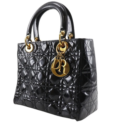 Christian Dior Lady Dior NM Cannage Quilt Patent, Black, Patent Leather, Tote Bag