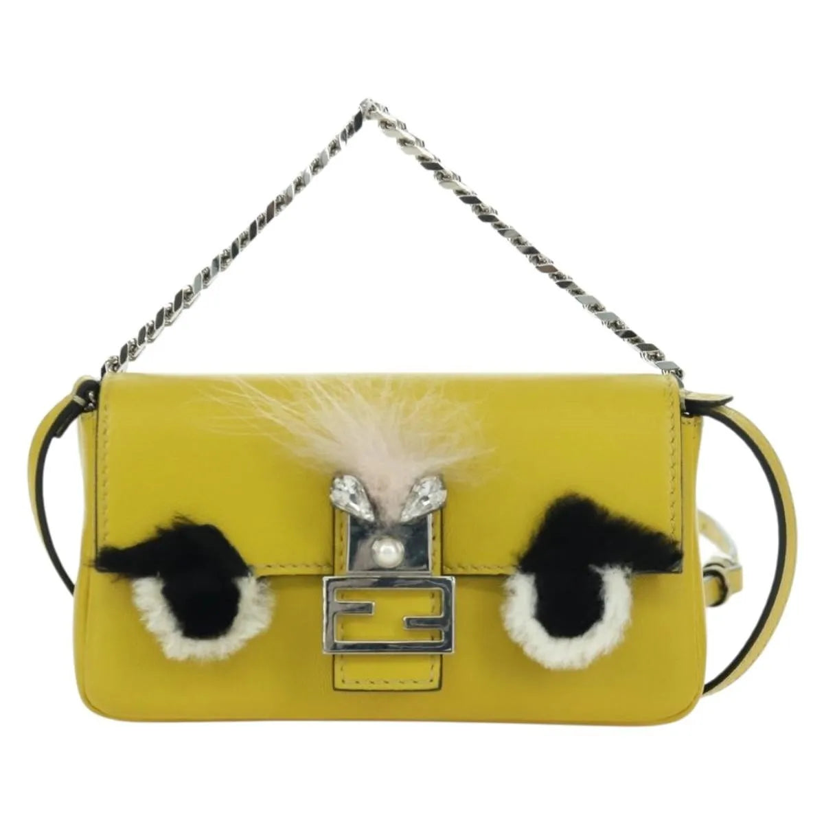 Fendi Monster Baguette Leather and Fur, Yellow, Leather, Handbag