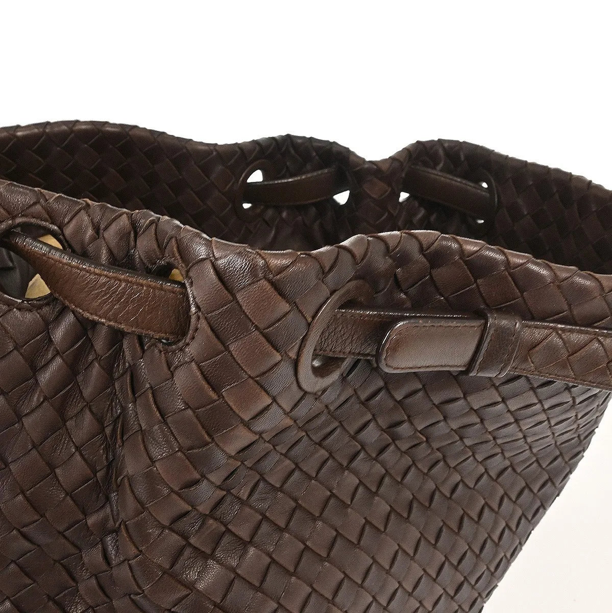 Bottega Veneta Belted Handle Tote Intrecciato Nappa, Brown, Leather, Tote Bag