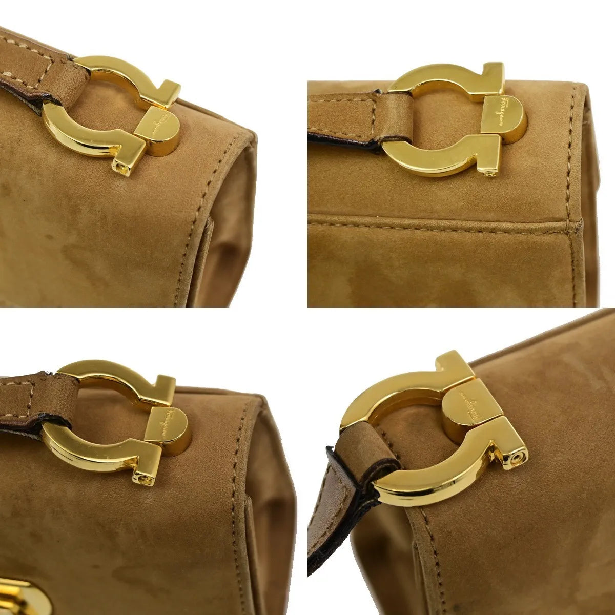 Salvatore Ferragamo Gancini Flap Suede, Beige, Suede, Shoulder Bag