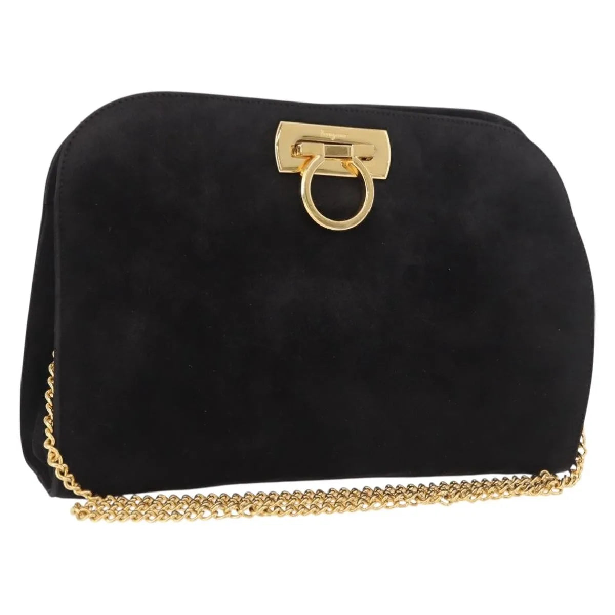 Salvatore Ferragamo Gancini Chain Suede, Black, Suede, Shoulder Bag
