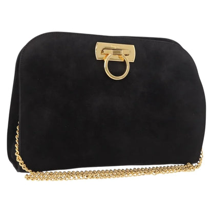 Salvatore Ferragamo Gancini Chain Suede, Black, Suede, Shoulder Bag