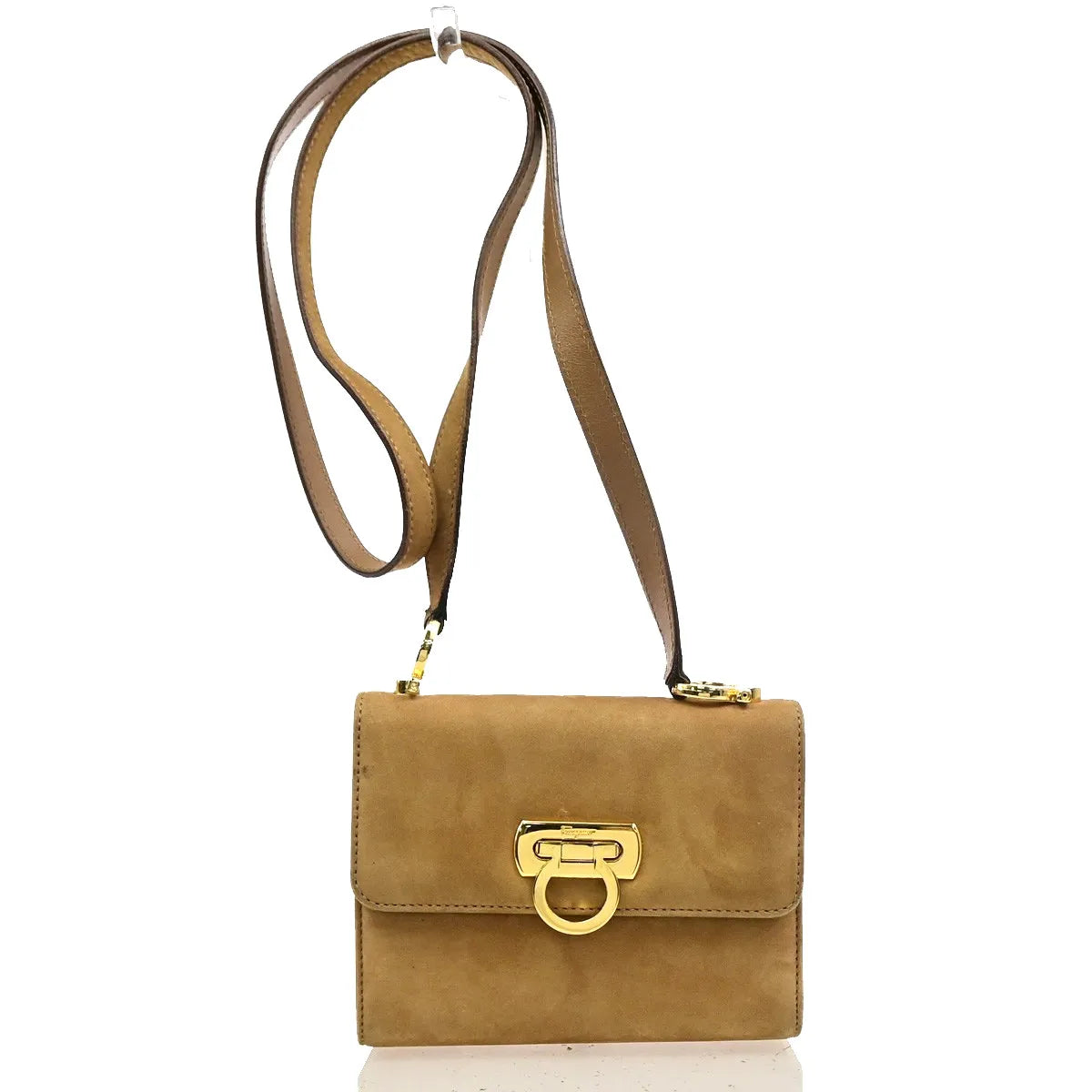 Salvatore Ferragamo Gancini Flap Suede, Beige, Suede, Shoulder Bag