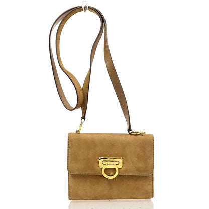 Salvatore Ferragamo Gancini Flap Suede, Beige, Suede, Shoulder Bag
