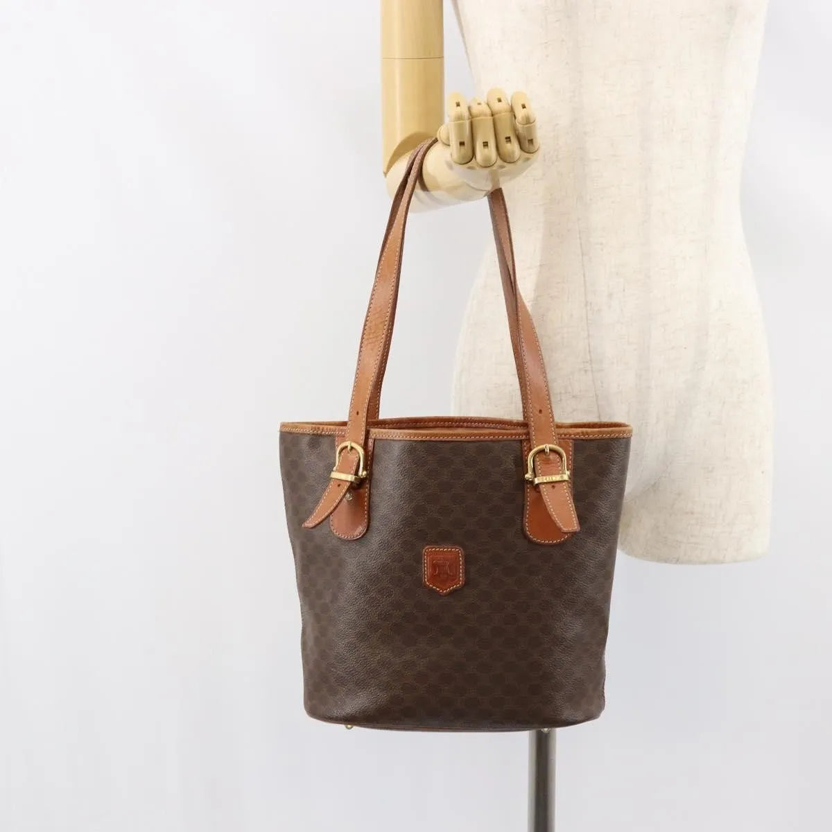 Celine Vintage Macadam Shopper Tote Canvas and Leather, Brown, Canvas, Tote Bag