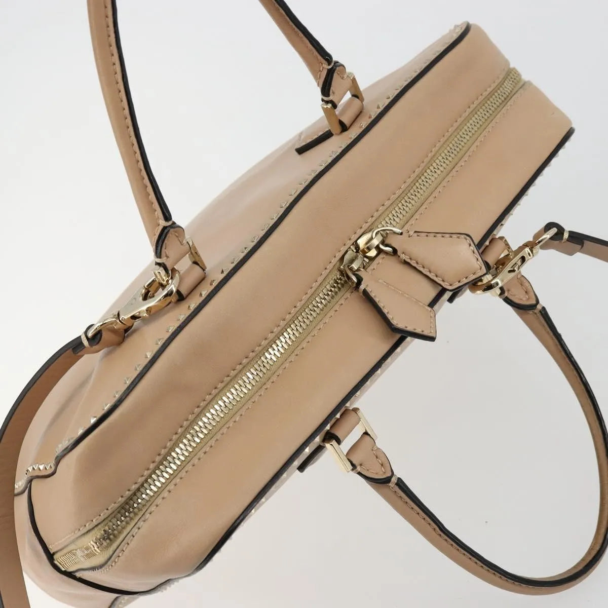 Valentino Garavani Convertible Zip Satchel Leather with Micro Rockstuds, Beige, Leather, Handbag