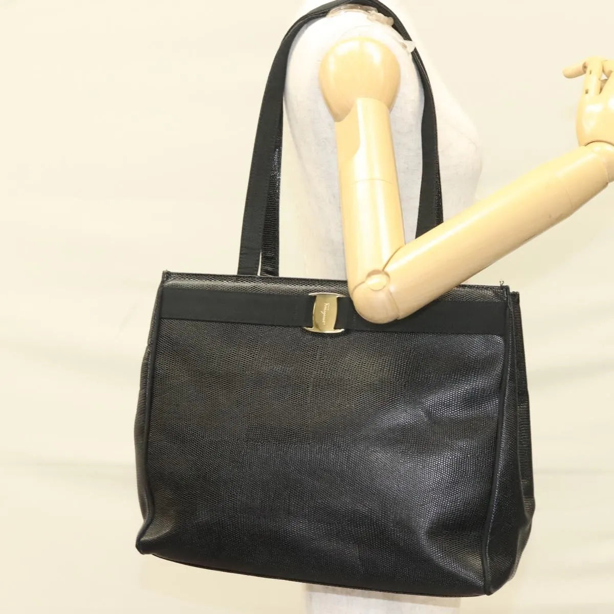 Salvatore Ferragamo Vintage Vara Bow Tote Lizard Embossed Leather, Black, Leather, Tote Bag