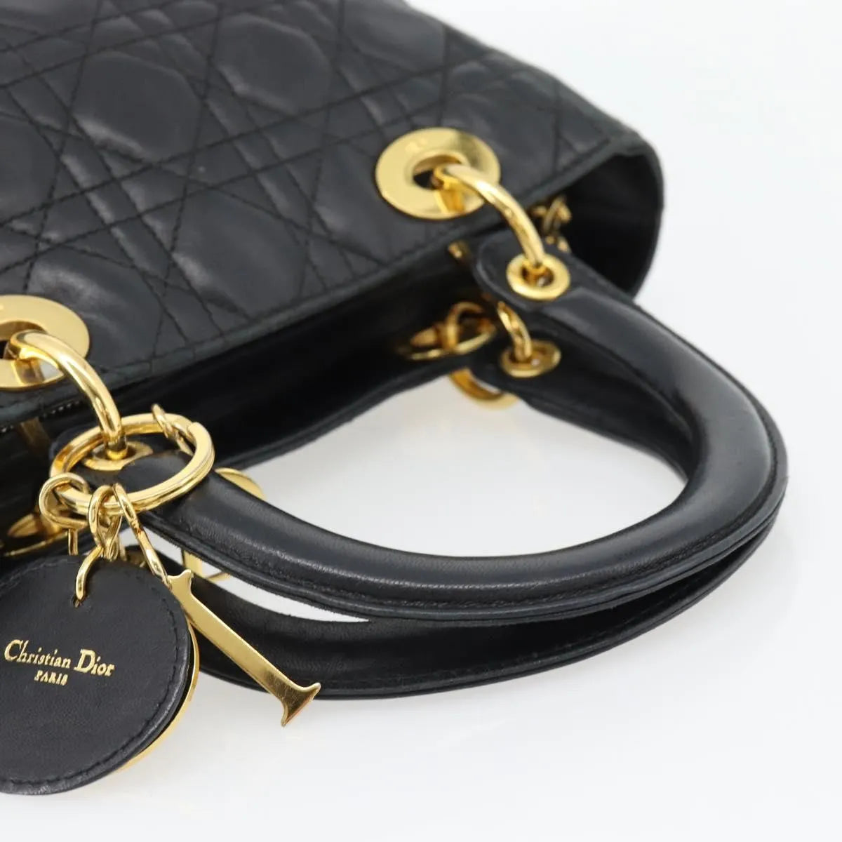 Christian Dior Vintage Lady Dior Cannage Quilt Lambskin, Black, Leather, Handbag
