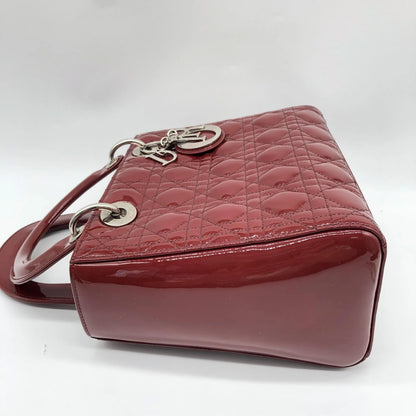 Christian Dior Vintage Lady Dior Cannage Quilt Patent, Burgundy, Patent Leather, Handbag