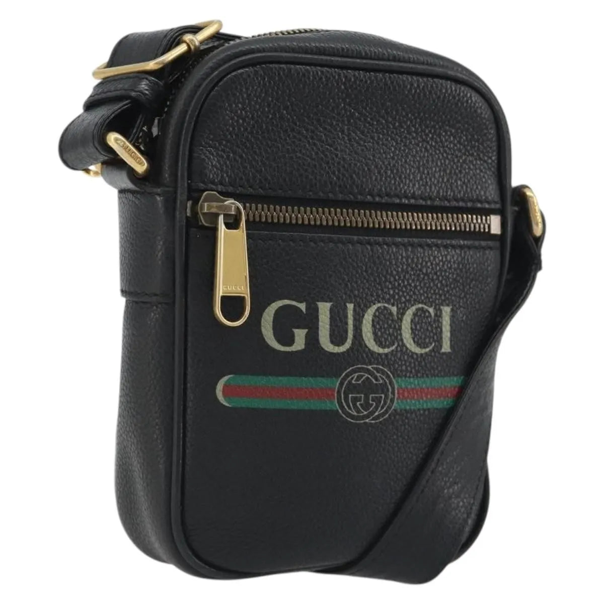 Gucci Logo Zip Messenger Printed Leather, Black, Leather, Clutch