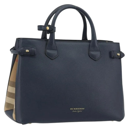 Burberry Banner Tote Leather and House Check Canvas, Navy, Leather, Handbag