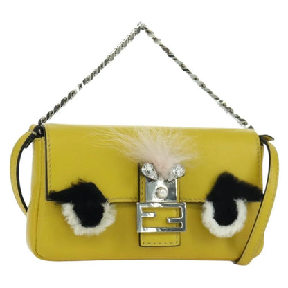 Fendi Monster Baguette Leather and Fur, Yellow, Leather, Handbag