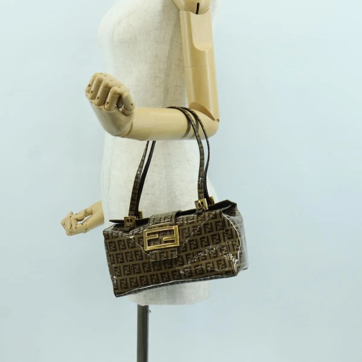 Fendi Mamma Baguette Zucca patent leather, Brown, Canvas, Shoulder Bag