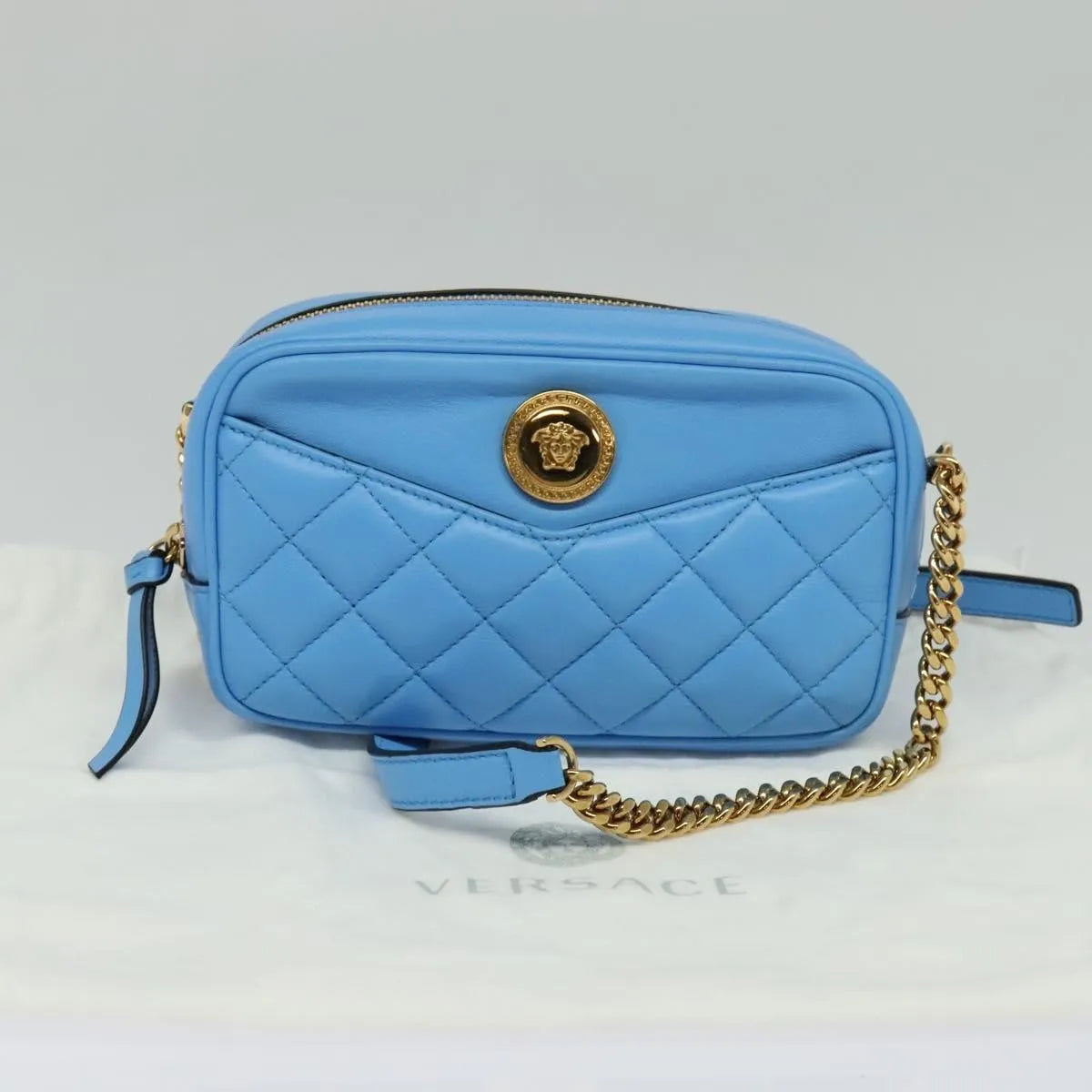 Versace Medusa Icon Front Slip Pocket Camera Quilted Leather, Blue, Leather, Shoulder Bag