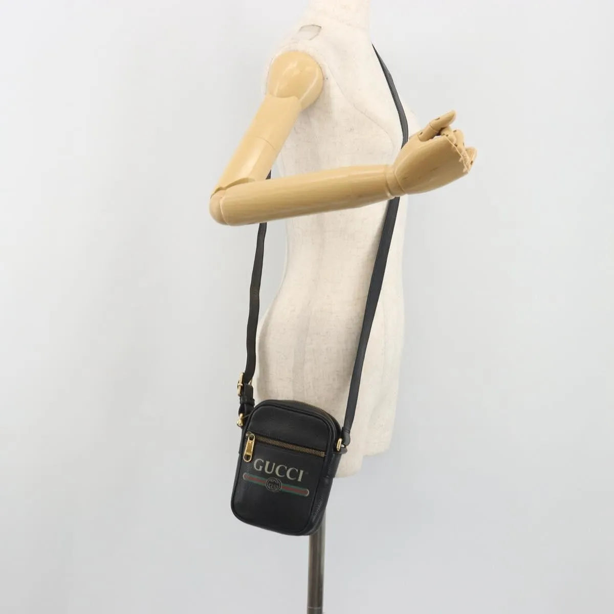 Gucci Logo Zip Messenger Printed Leather, Black, Leather, Clutch