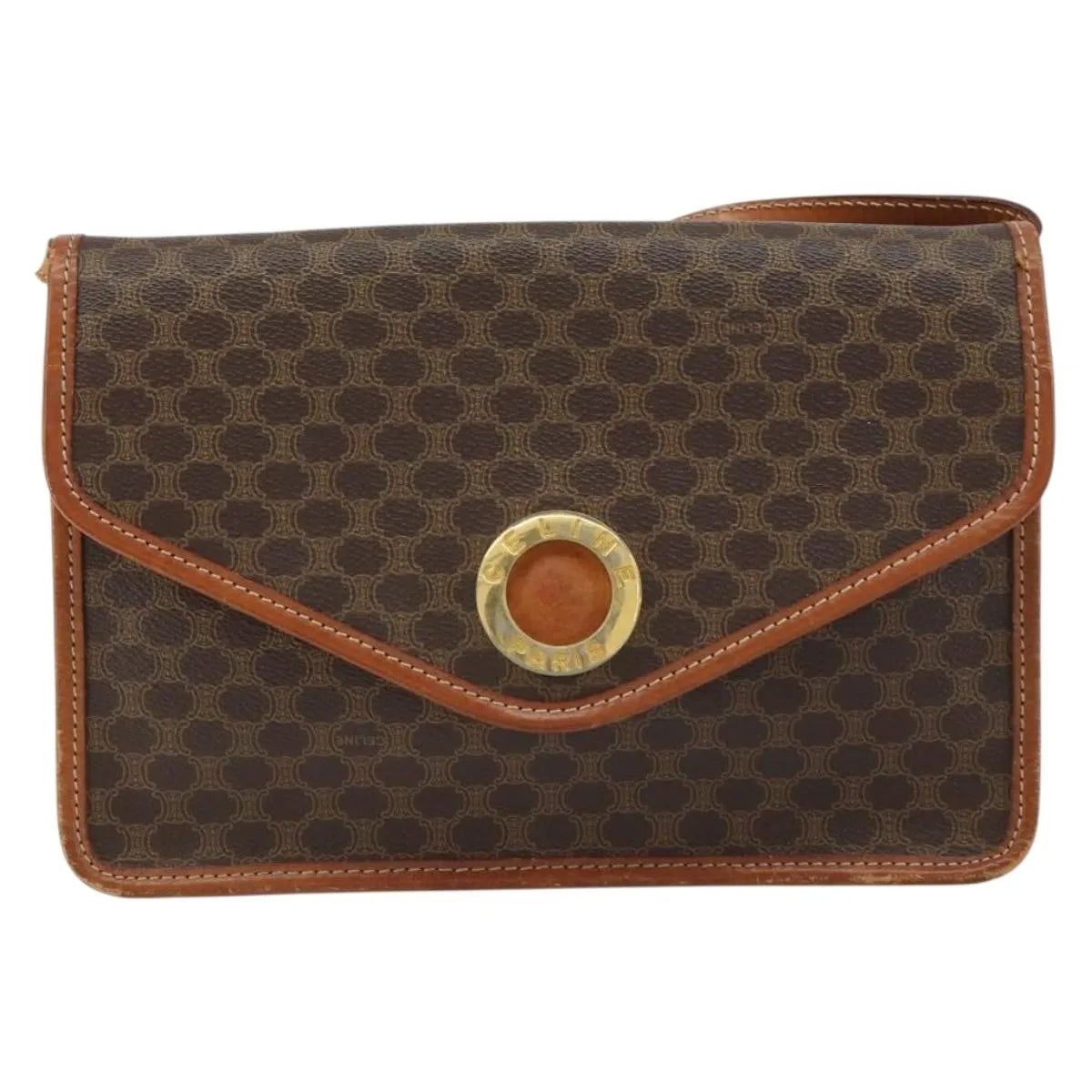 Celine Vintage Macadam Circle Logo Canvas and Leather, Brown, Canvas, Shoulder Bag