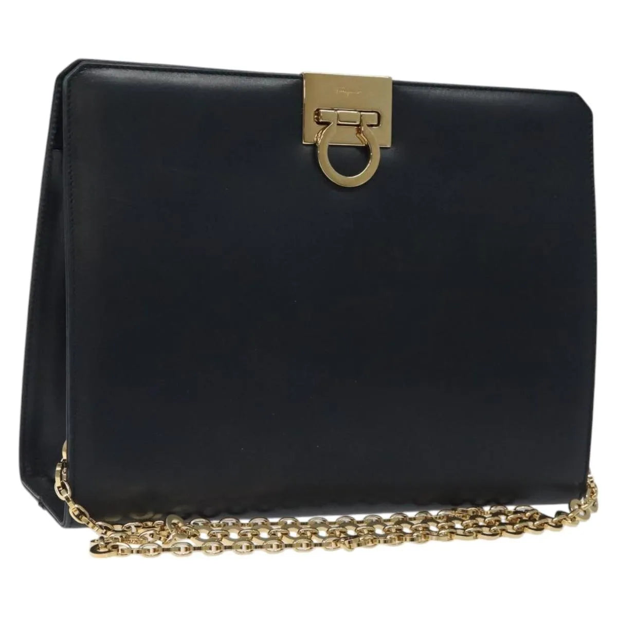 Salvatore Ferragamo Vintage Gancini Chain Leather, Navy, Leather, Shoulder Bag