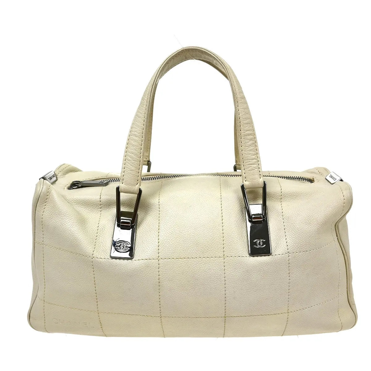 Chanel Square Stitch CC Boston Quilted Leather, White, Leather, Handbag