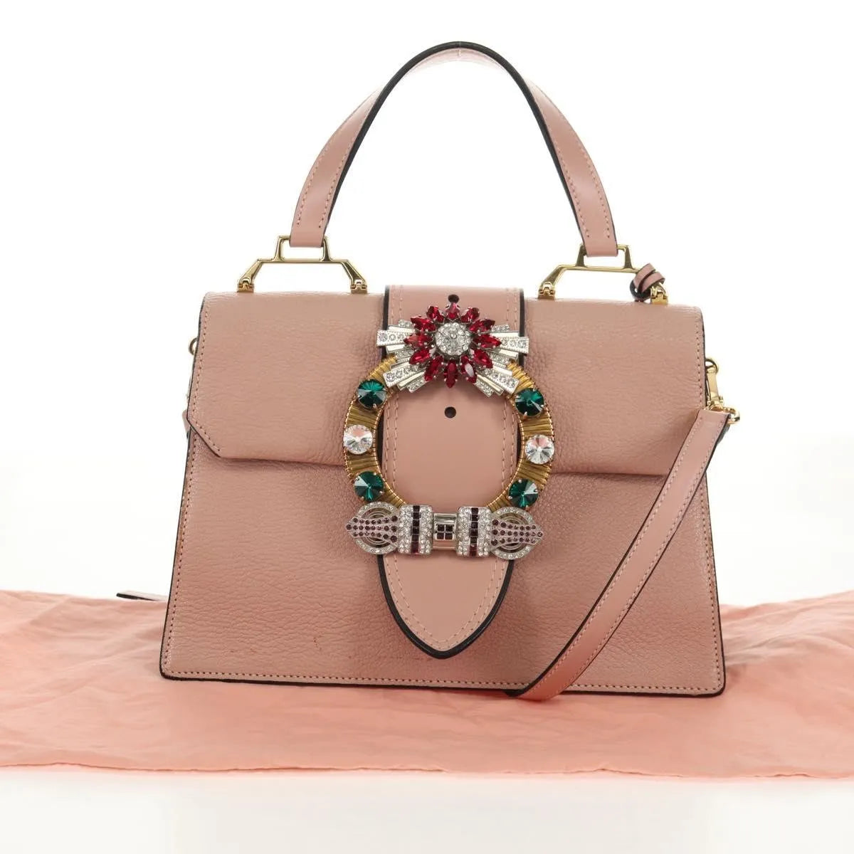 Miu Miu Madras Crystal Buckle Leather, Pink, Leather, Shoulder Bag