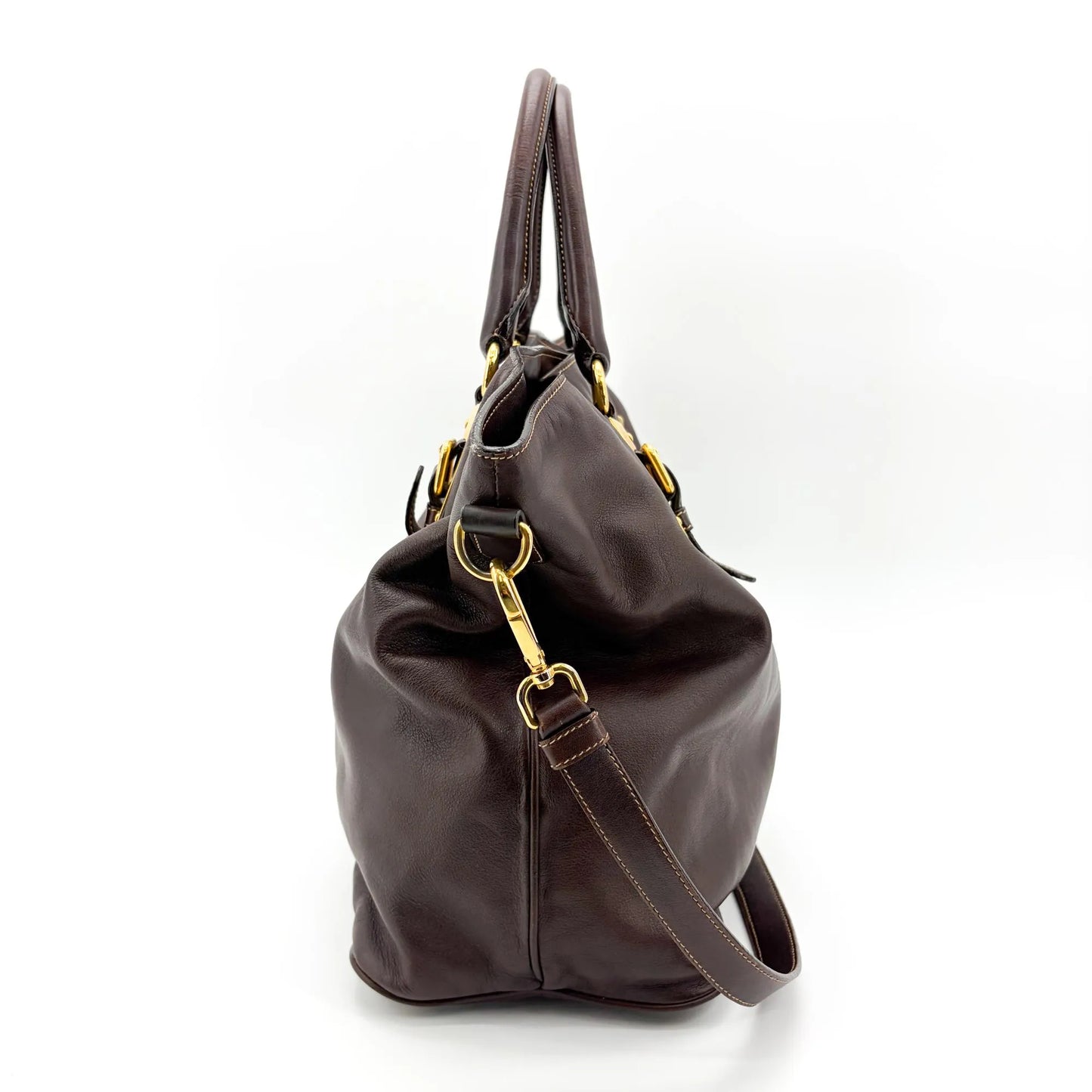 Prada Buckle Tote Vitello Daino, Brown, Leather, Handbag