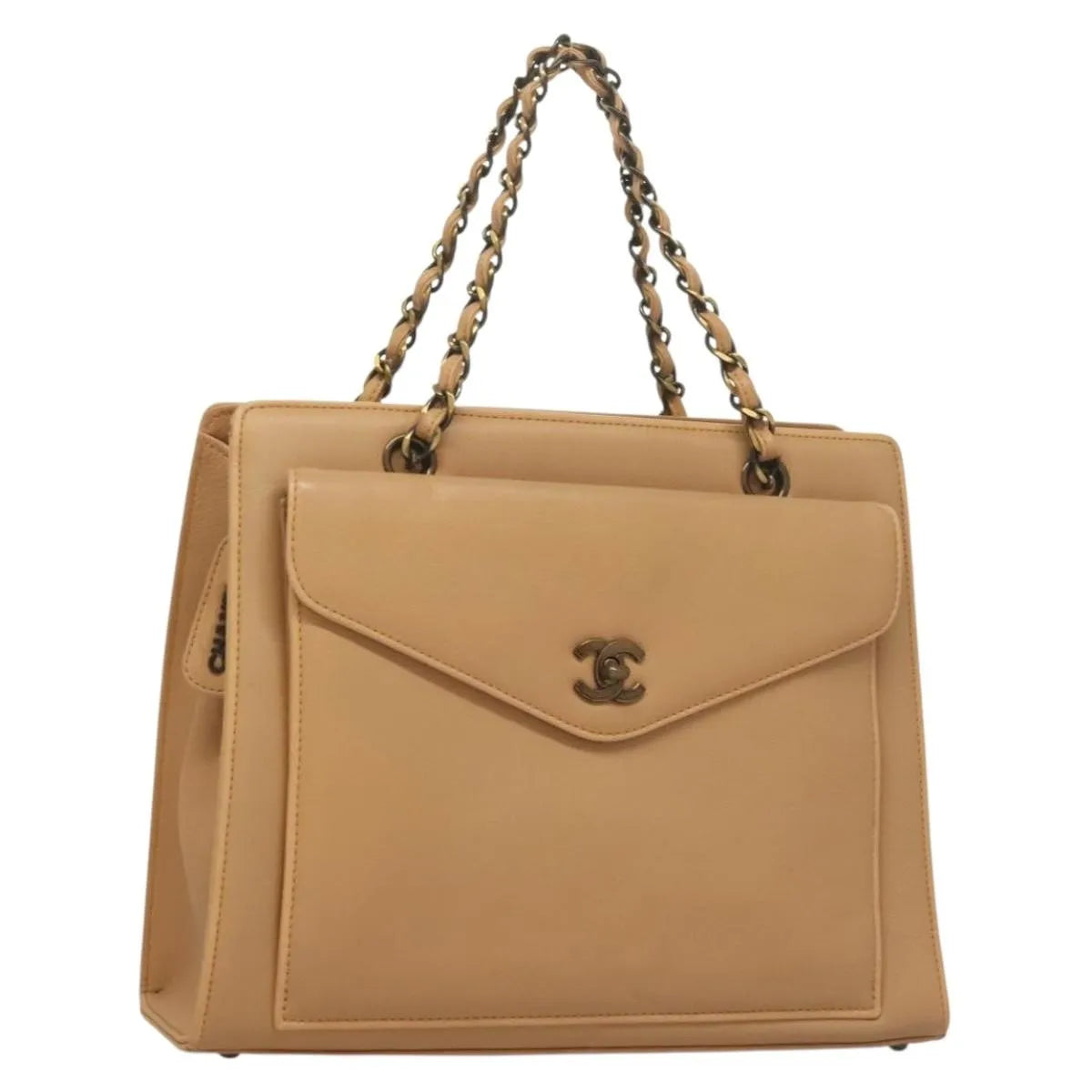 Chanel Vintage Front Pocket Tote Quilted Leather, Beige, Leather, Tote Bag