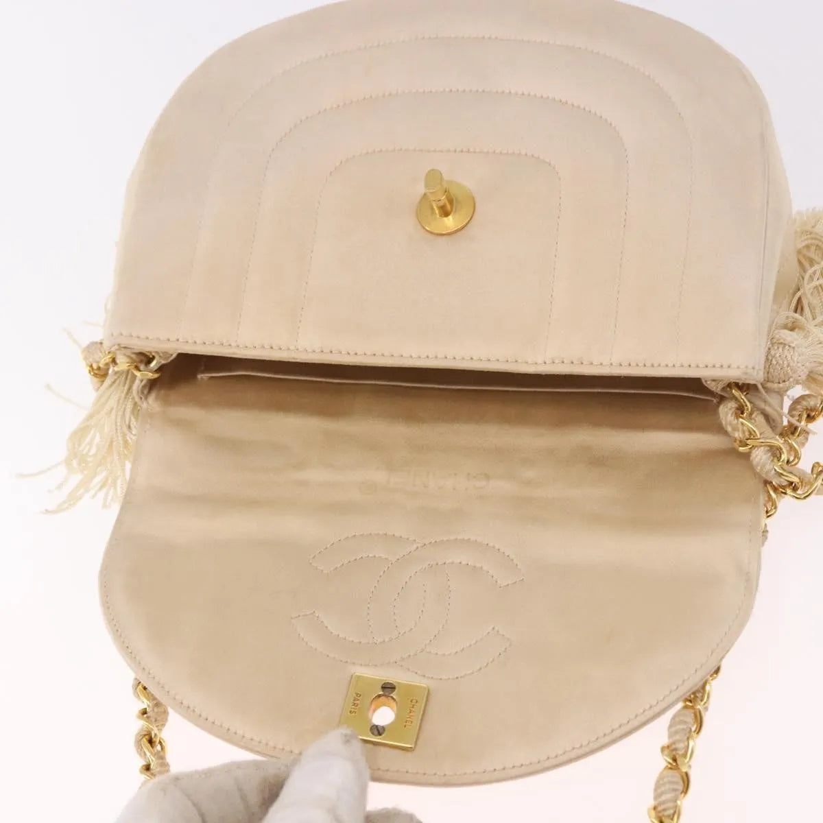 Chanel Vintage Round Flap Satin, Beige, Satin, Shoulder Bag